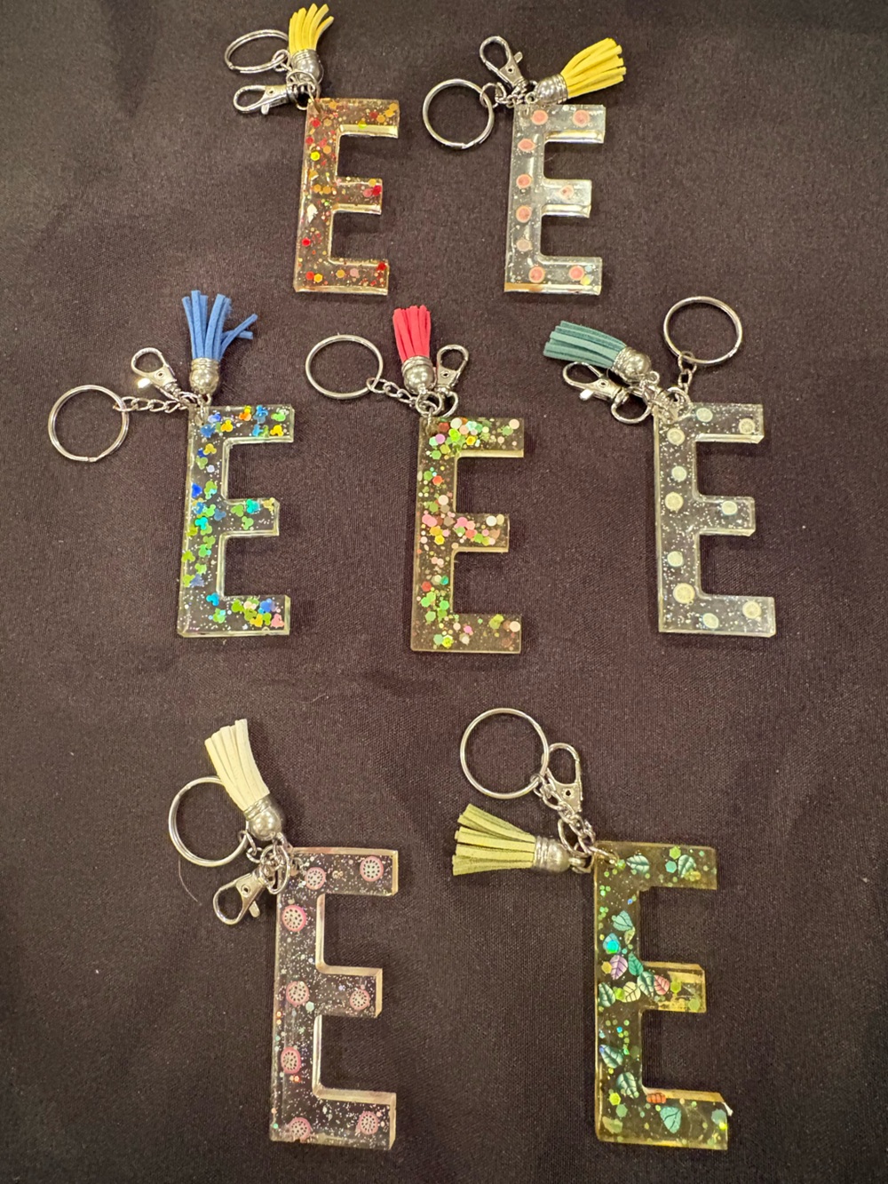 Glitter‎ Resin 'E' Keychains with Tassels - Assorted Colors